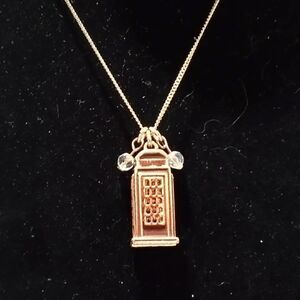 Vintage Red Enameled Gold Tone British London Phone Booth Pendant Necklace